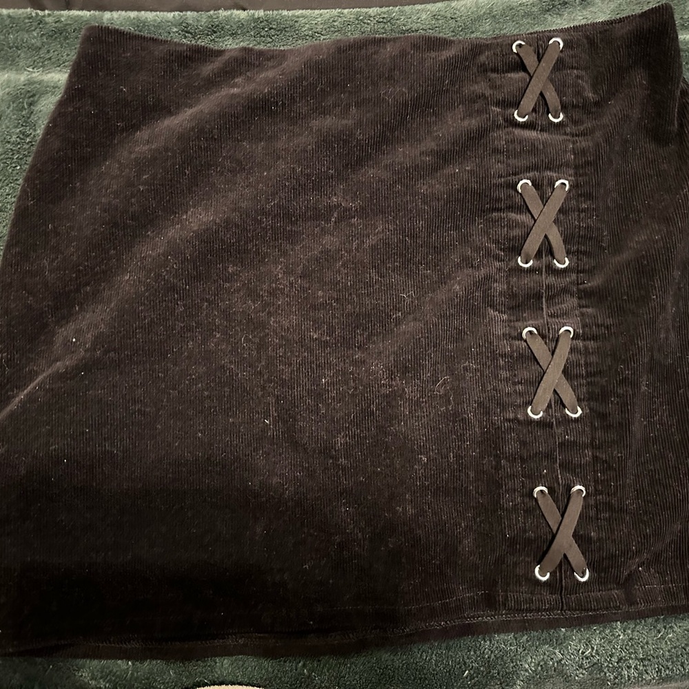 Black Corduroy Skirt with Lace-Up Detail